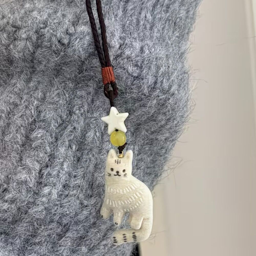 Cute Flocked Fuzzy White Cat & Star Adjustable Cord Necklace